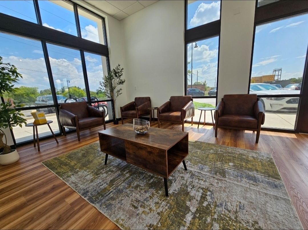 Beautiful waiting area with large windows and natural lighting